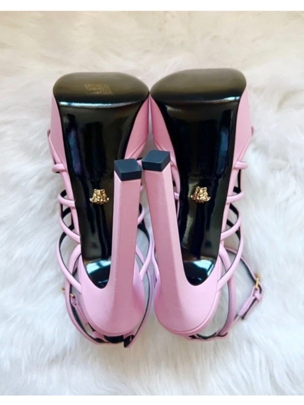 New! VERSACE Greca Maze Pink Leather Platform Sandals Heels IT 38 - Picture 12 of 13